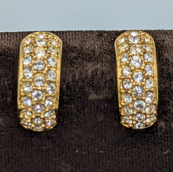 Vintage Swarovski Crystal Pave Clip on Earrings Half Hoop Signed - Picture 3 of 9